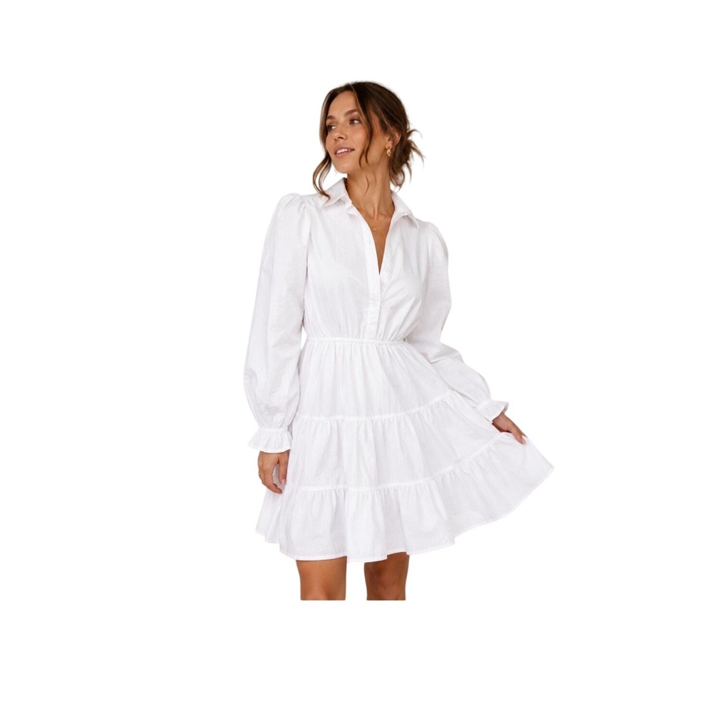 Bardot Linen Blend Tiered Mini Dress Puff Sleeve Women's Small White Luxury Boho